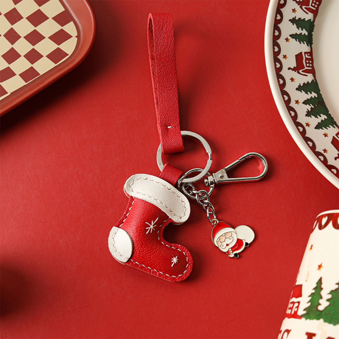 CUCUBIRD POPSEWING® Leather Christmas Sock Keychain DIY Kit Christmas Red