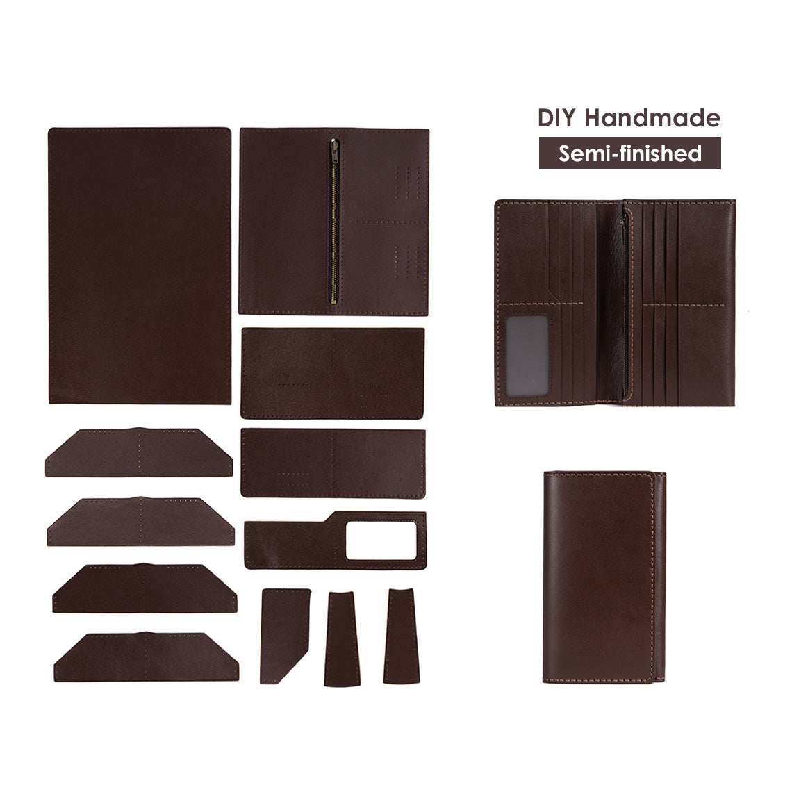 CUCUBIRD Full Grain Leather Long Bifold Wallet DIY Kit Dark-Brown?