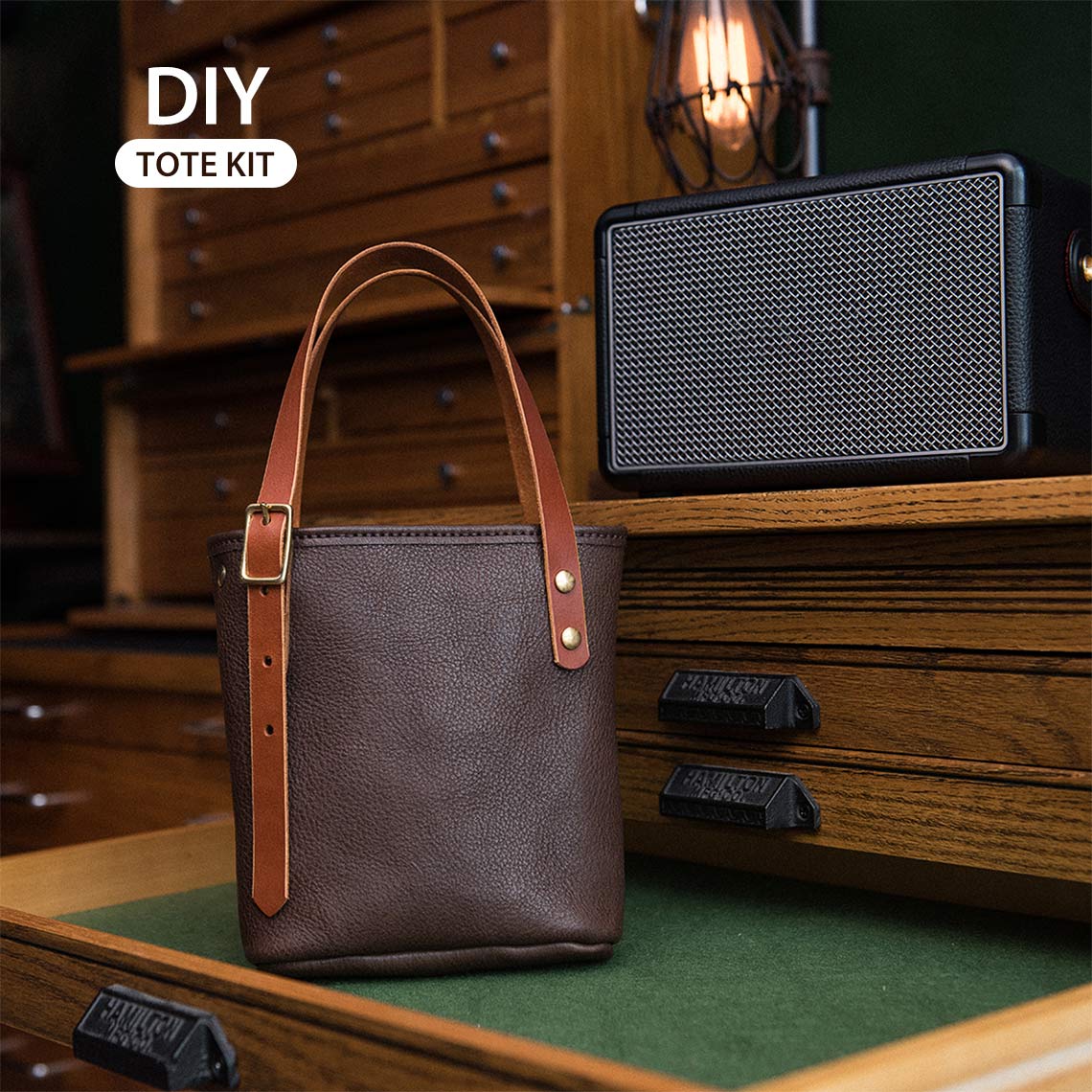 CUCUBIRD Full Grain Leather Mini Tote Bag DIY Kit Heritage-Brown-With-strap?
