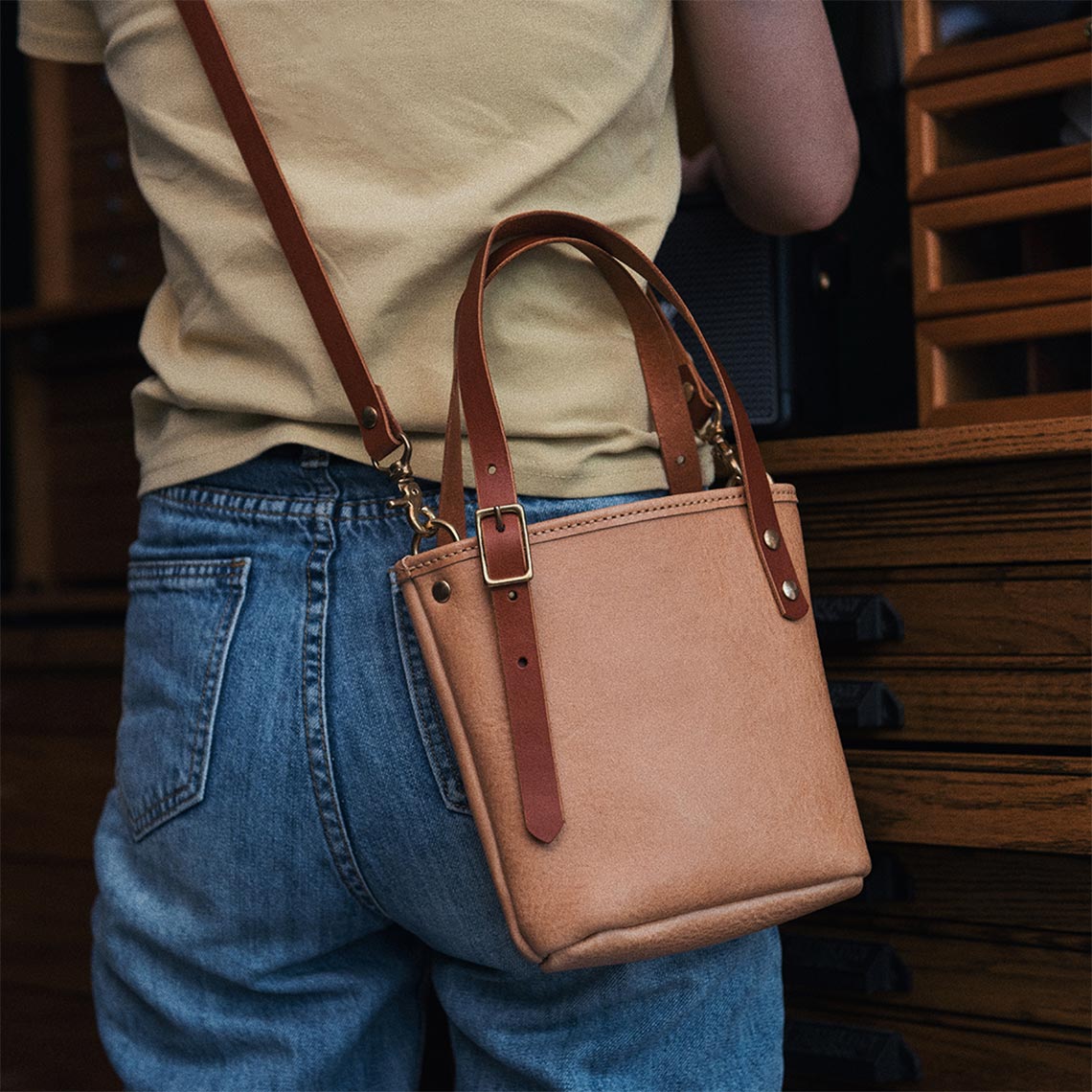 CUCUBIRD Full Grain Leather Mini Tote Bag DIY Kit Natural-With-strap?