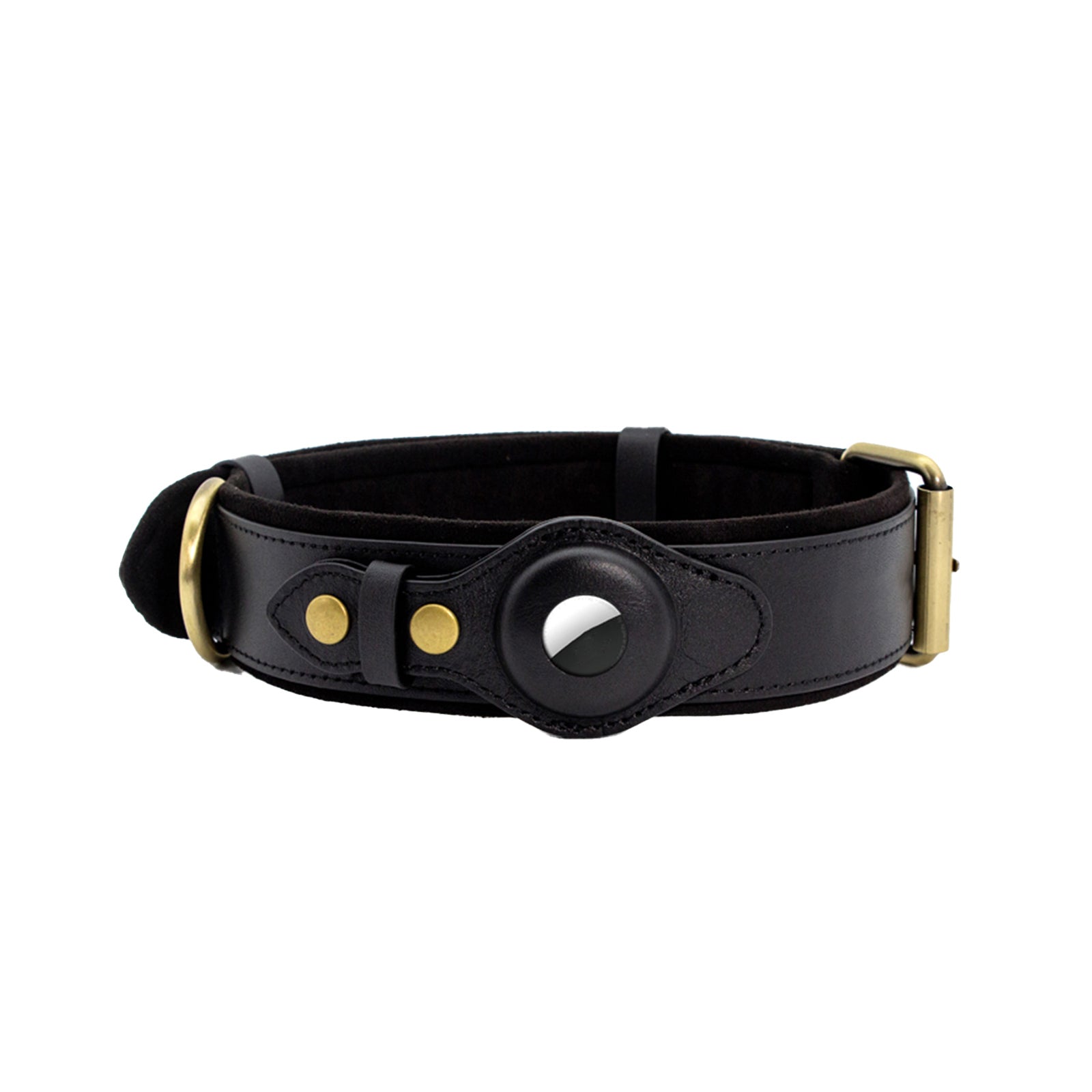 CUCUBIRD Genuine Leather Supple Dog Collar with Airtag Case - Black  