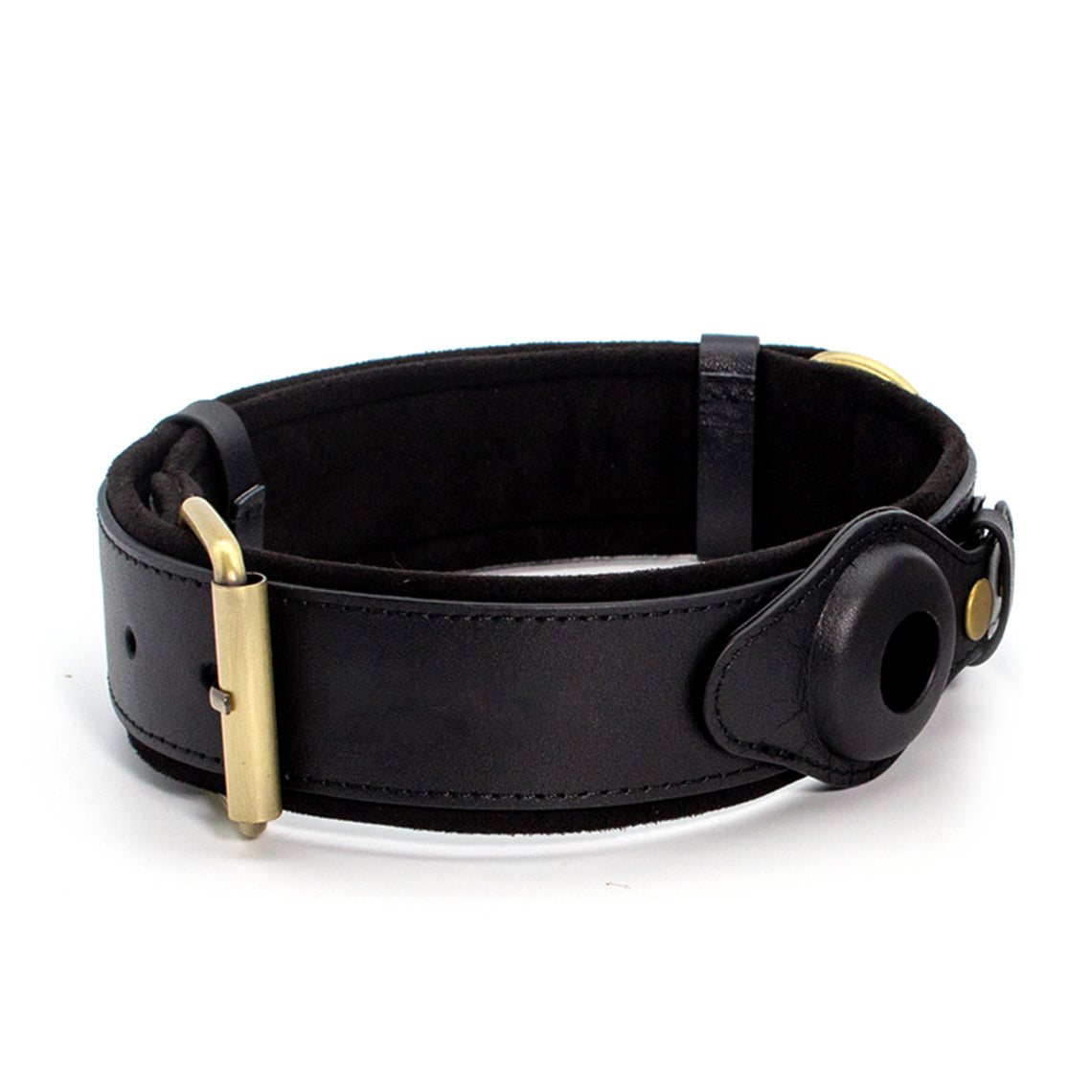 CUCUBIRD Genuine Leather Supple Dog Collar with Airtag Case - Black  