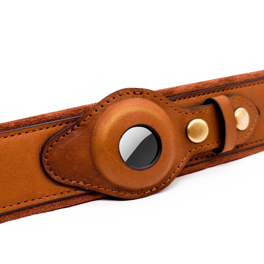 CUCUBIRD Genuine Leather Supple Dog Collar with Airtag Case - Brown  