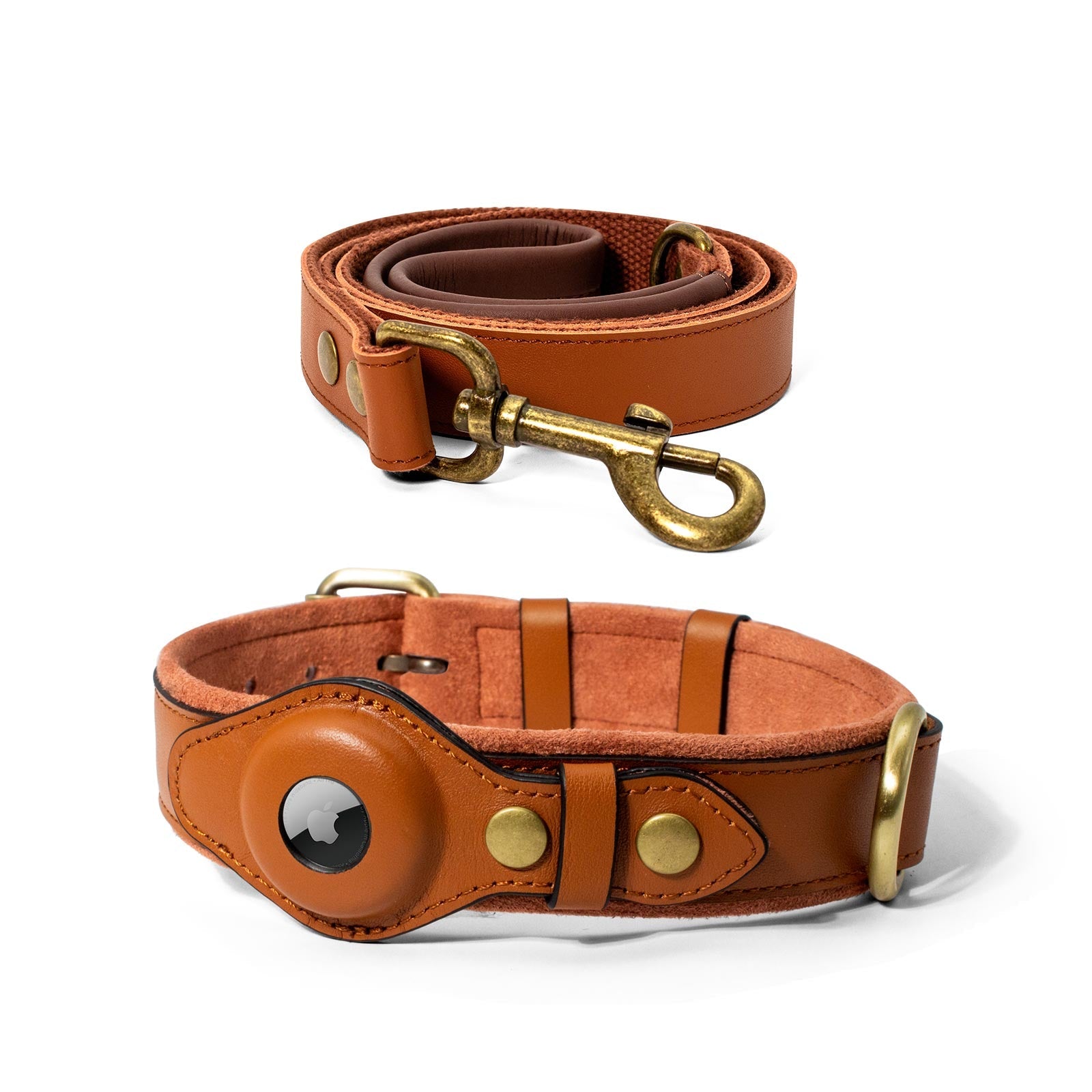 CUCUBIRD Genuine Leather Airtag Dog Collar and Leash Set  