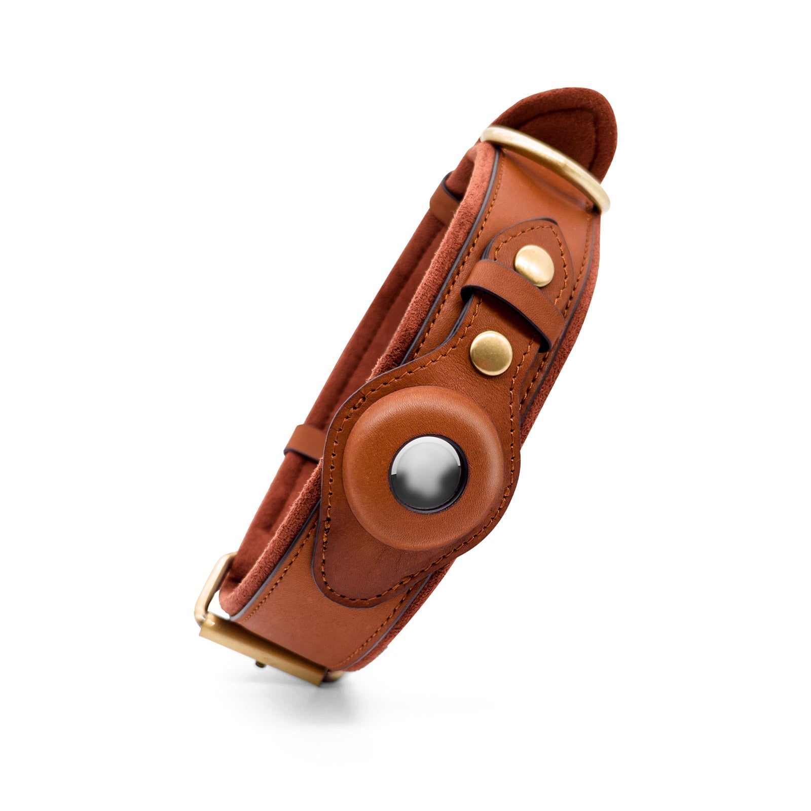 CUCUBIRD Genuine Leather Supple Dog Collar with Airtag Case - Brown  