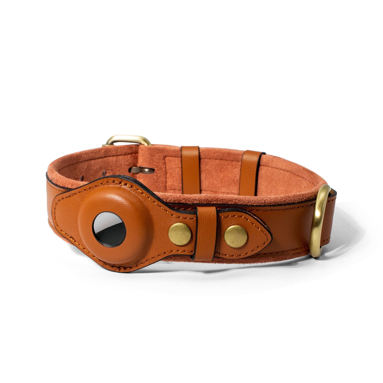 CUCUBIRD Genuine Leather Supple Dog Collar with Airtag Case - Brown  