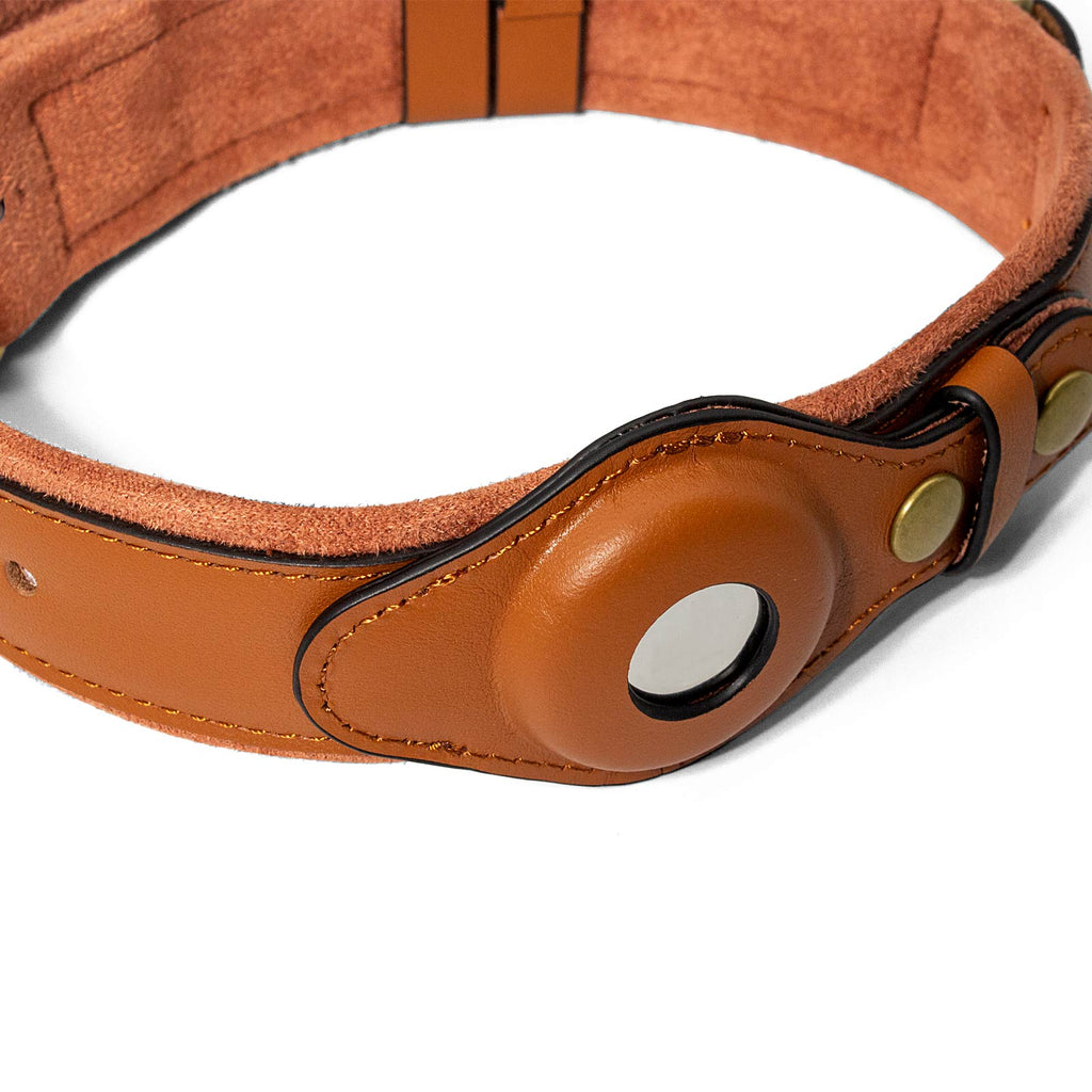 CUCUBIRD Genuine Leather Supple Dog Collar with Airtag Case - Brown  