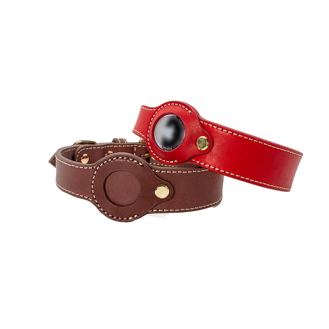 CUCUBIRD Genuine Leather Dog Collar with Airtag Case - Red  