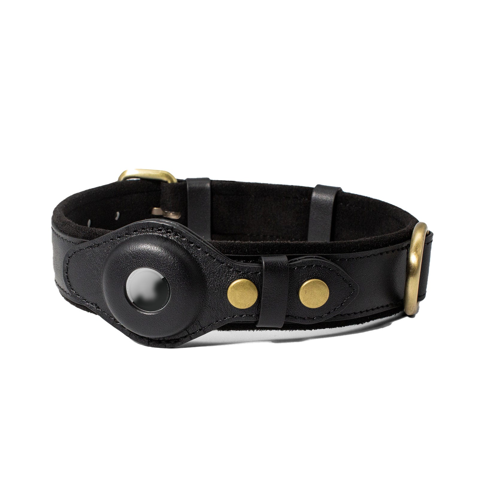 CUCUBIRD Genuine Leather Supple Dog Collar with Airtag Case - Black  