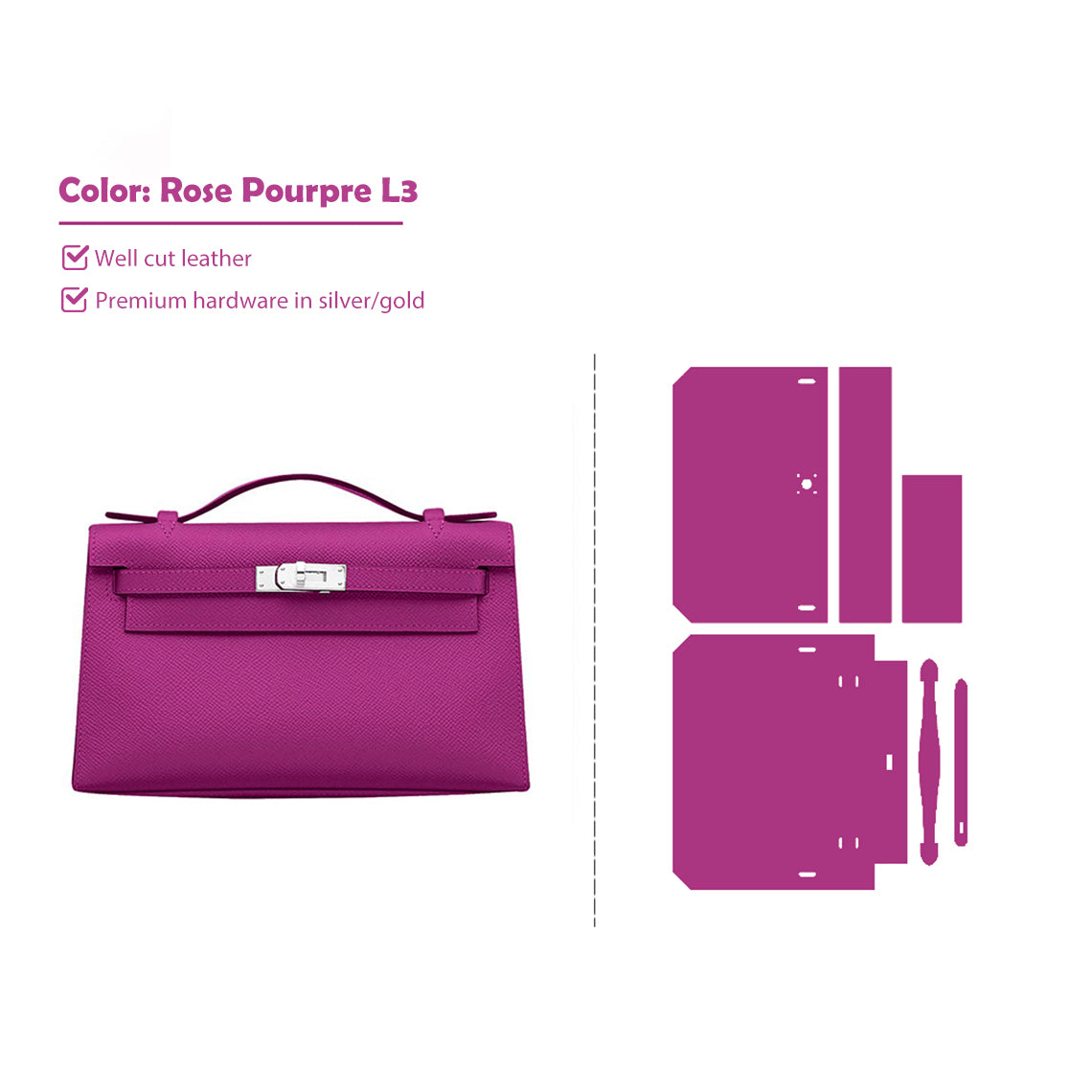 CUCUBIRD CUCUBIRD Full Grain Leather Inspired Kelly Clutch - Advanced DIY Kits Rose Pourpre L3 / Gold 