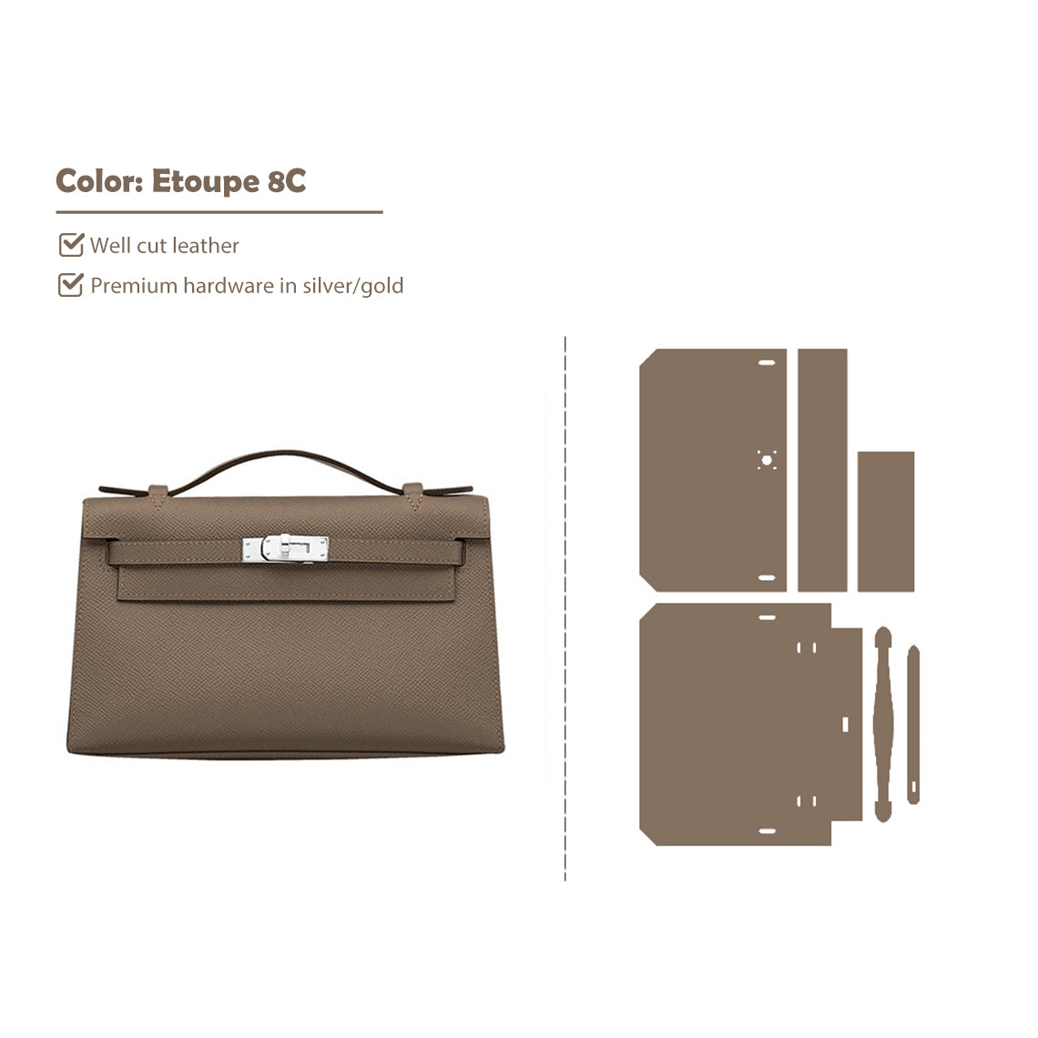 CUCUBIRD CUCUBIRD Full Grain Leather Inspired Kelly Clutch - Advanced DIY Kits Etoupe 8C / Gold 