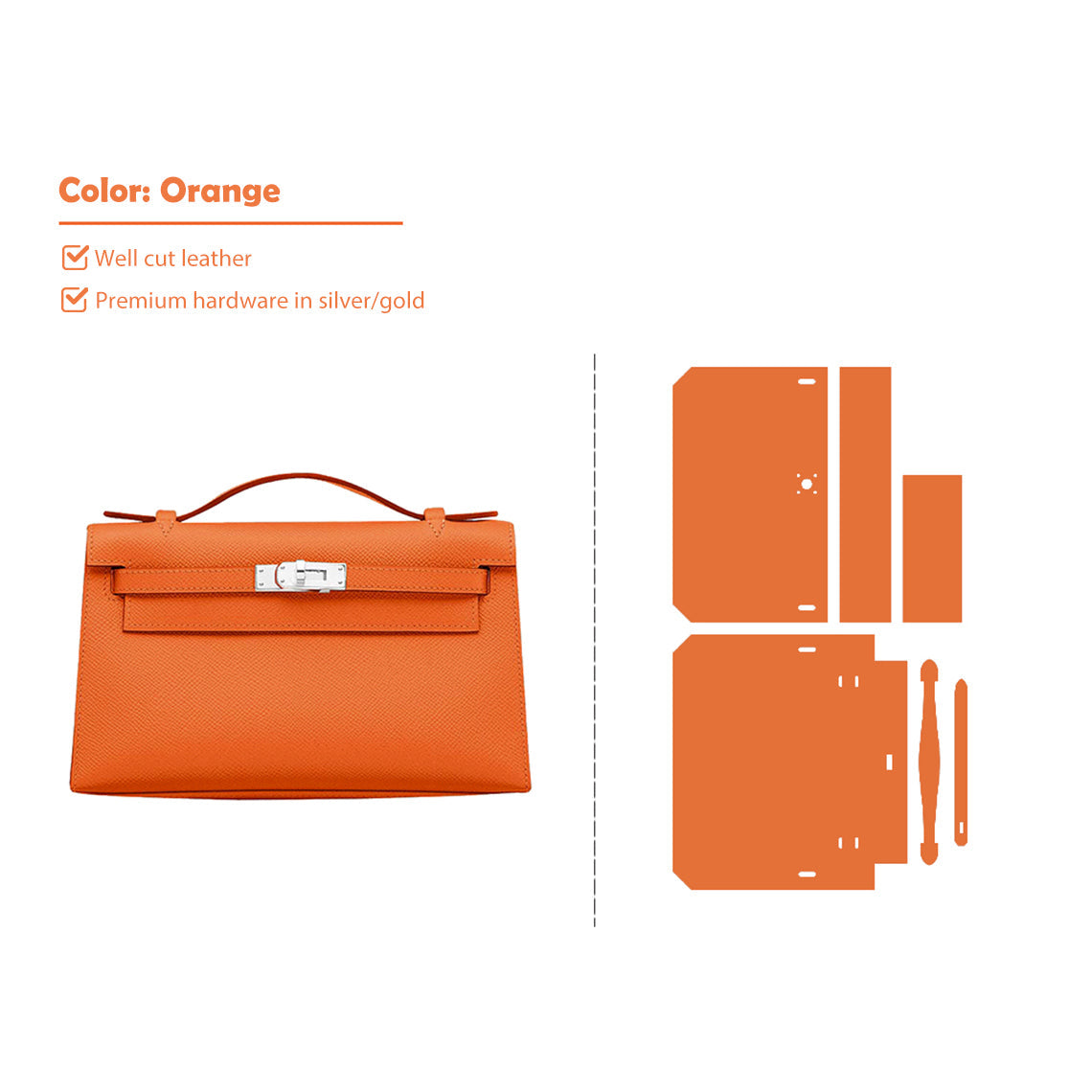 CUCUBIRD CUCUBIRD Full Grain Leather Inspired Kelly Clutch - Advanced DIY Kits Orange / Gold 