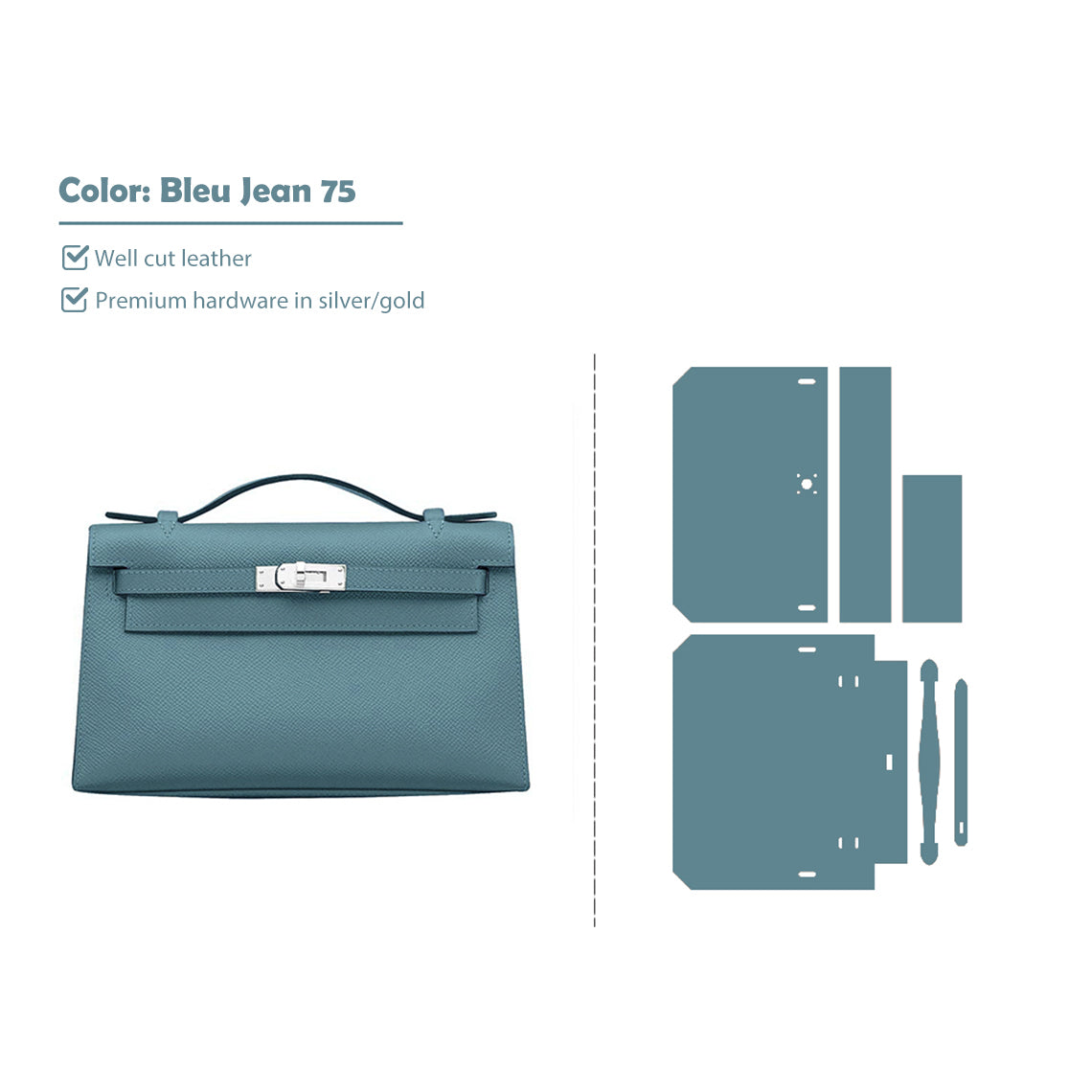 CUCUBIRD CUCUBIRD Full Grain Leather Inspired Kelly Clutch - Advanced DIY Kits Bleu Jean 75 / Gold 