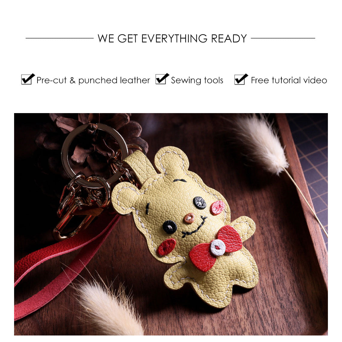 CUCUBIRD POPSEWING® Sheep Leather Cute Bear Keychain DIY Kit  