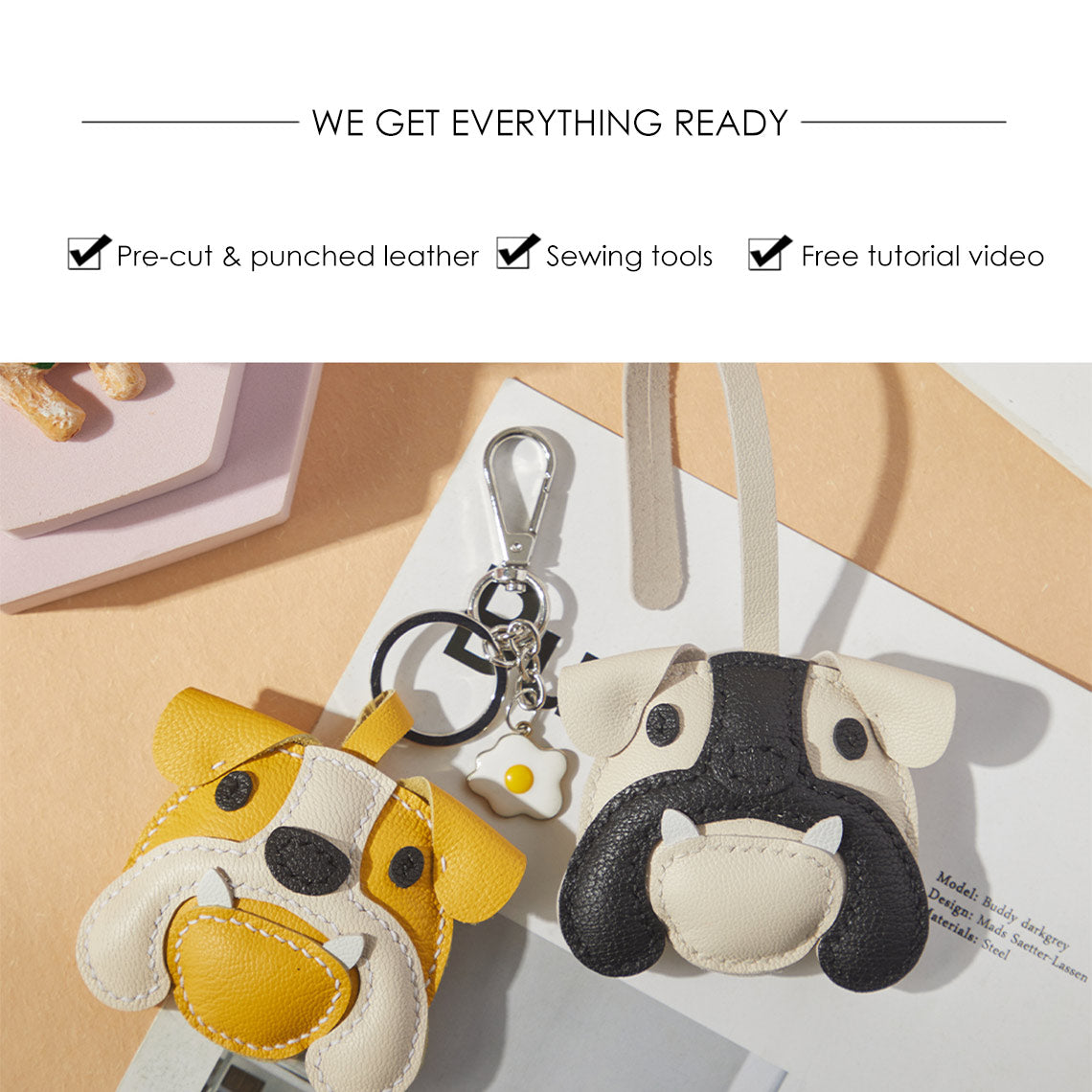 CUCUBIRD Sheep Leather Bulldog Keychain DIY Kits