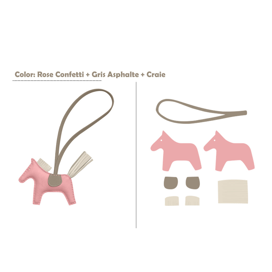 CUCUBIRD CUCUBIRD Sheep Leather Color Horse Purse Charm DIY Kit Rose Confetti/Gris Asphalte/Craie 