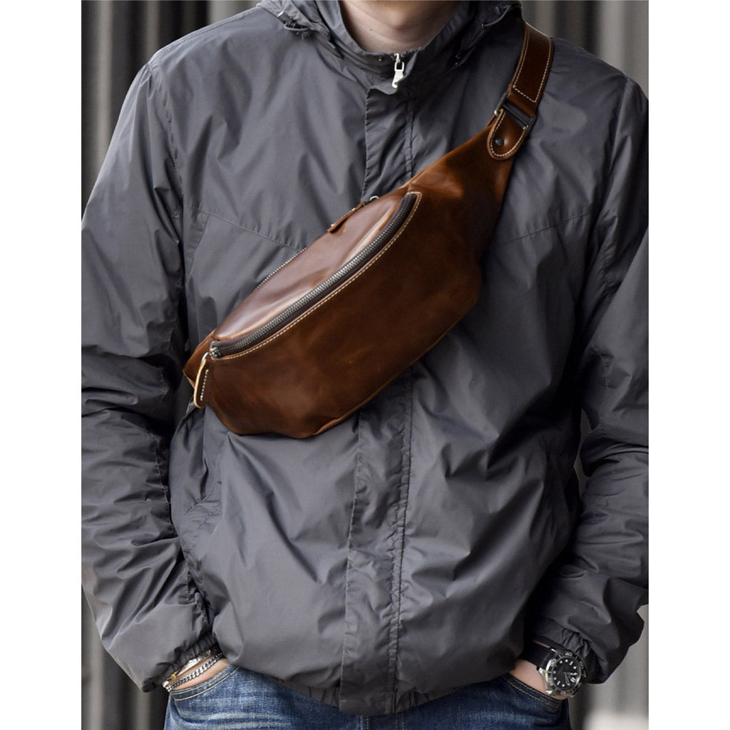 CUCUBIRD Vegetable Tanned Leather Men Fanny Pack Bag  