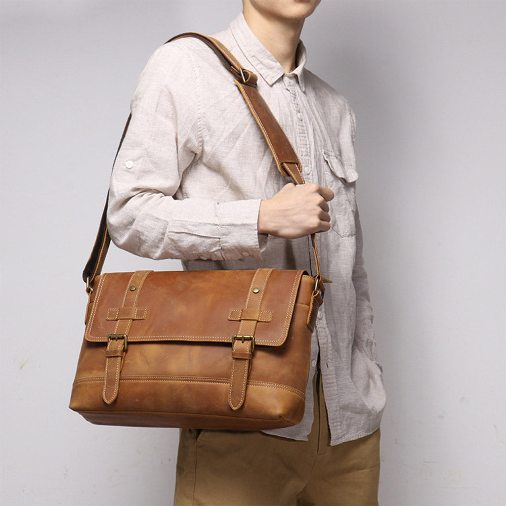 CUCUBIRD Crazy Horse Leather Men's Messenger Satchel Bag  