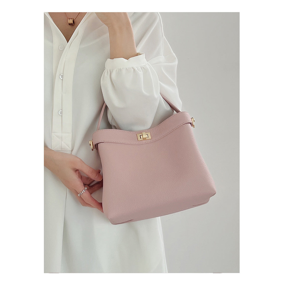 CUCUBIRD Top Grain Leather Top Handle Small Bucket Bag  