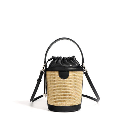 Leather Straw Drawstring Bucket Bag