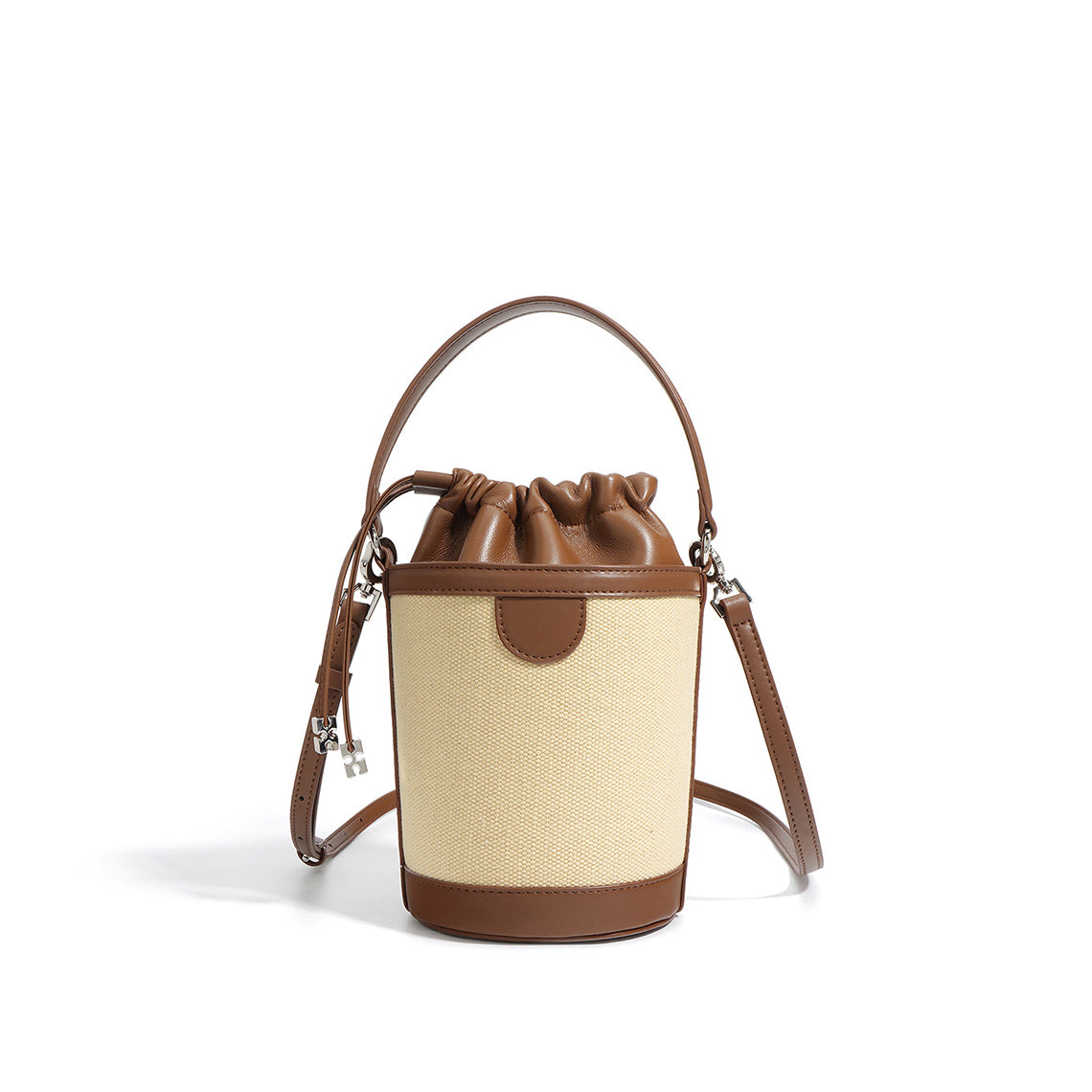 Leather Straw Drawstring Bucket Bag