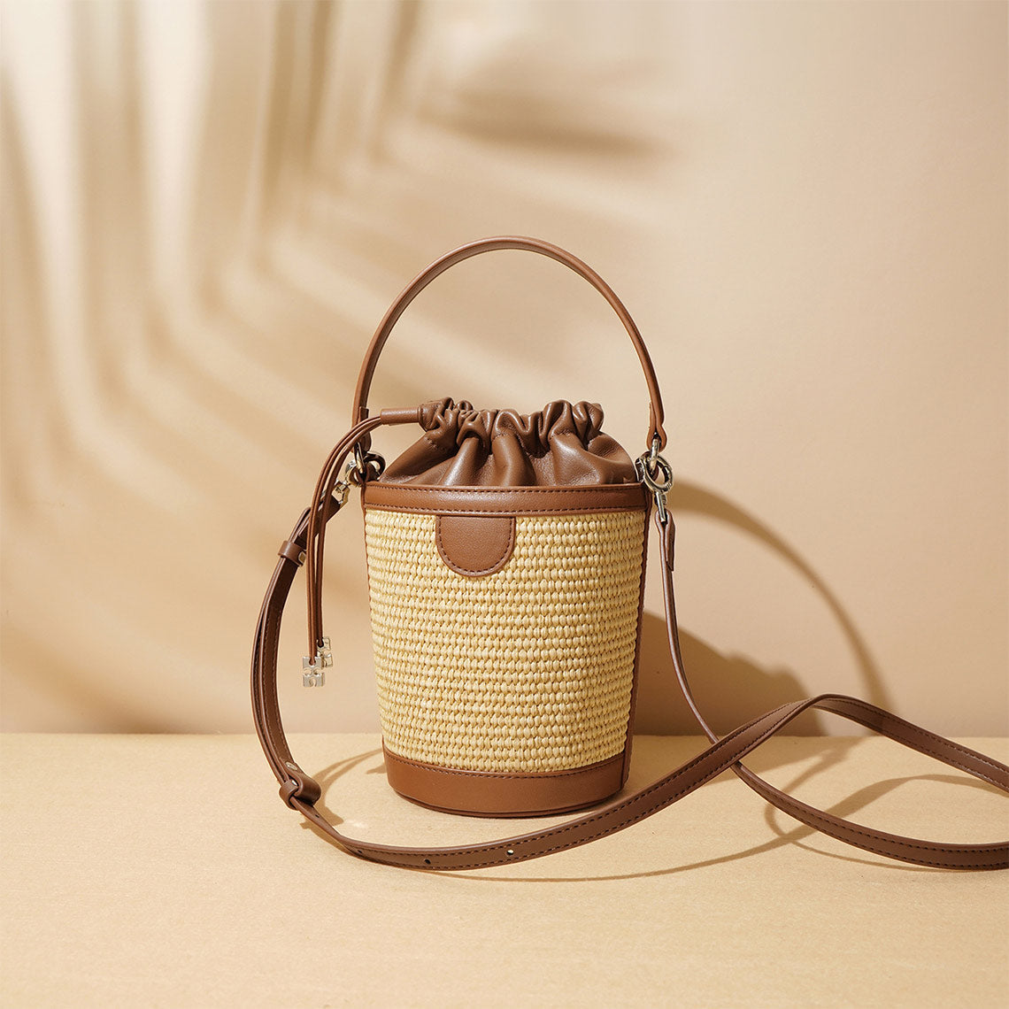 Leather Straw Drawstring Bucket Bag