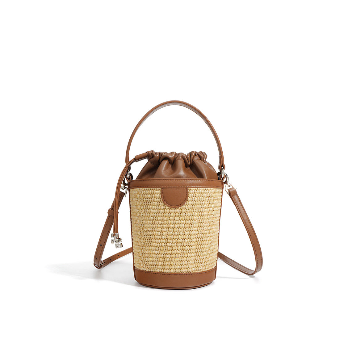 Leather Straw Drawstring Bucket Bag