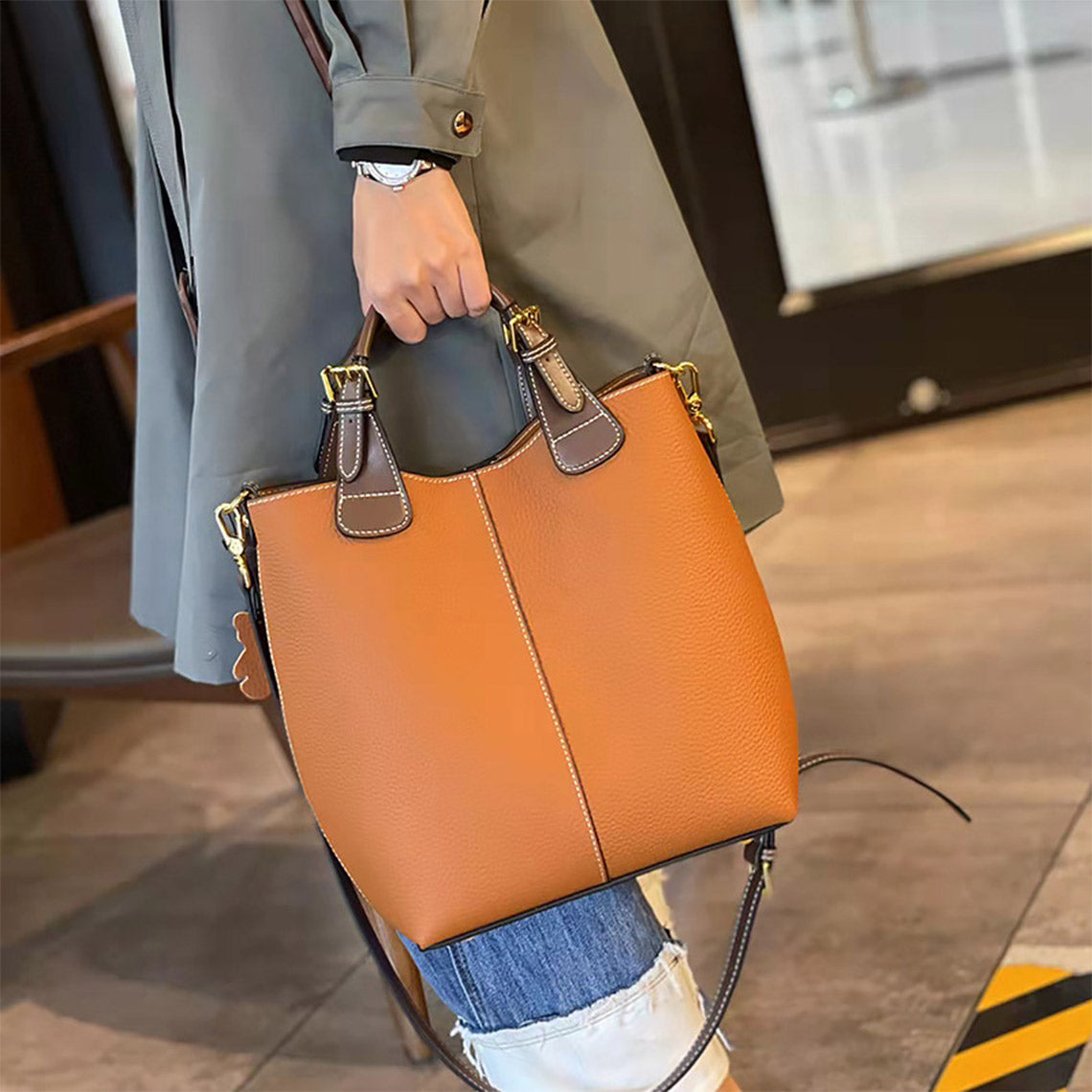 CUCUBIRD Top Grain Leather Top Handle Bucket Bag  