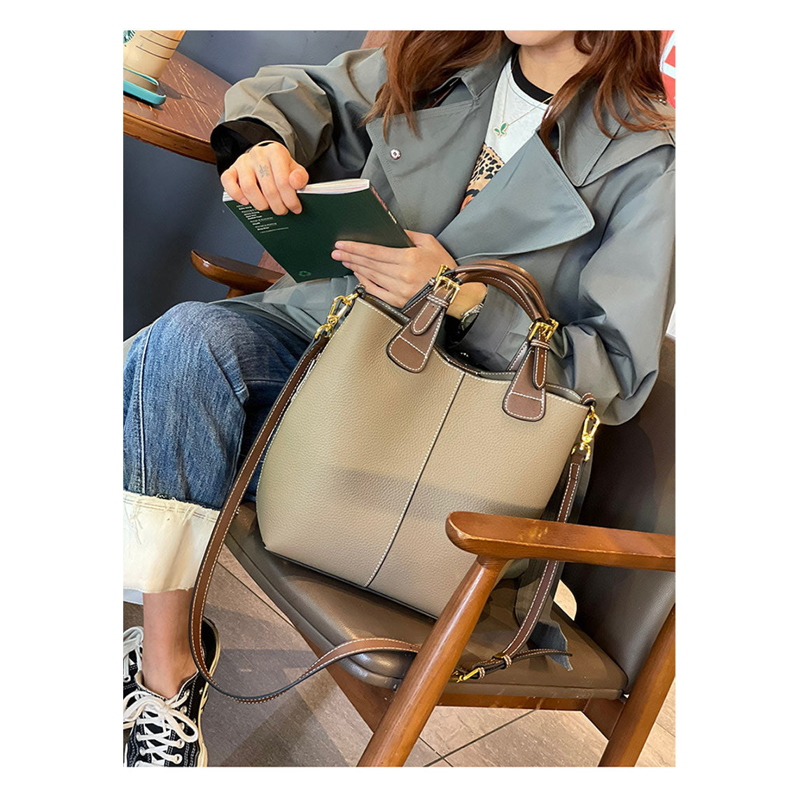 CUCUBIRD Top Grain Leather Top Handle Bucket Bag  