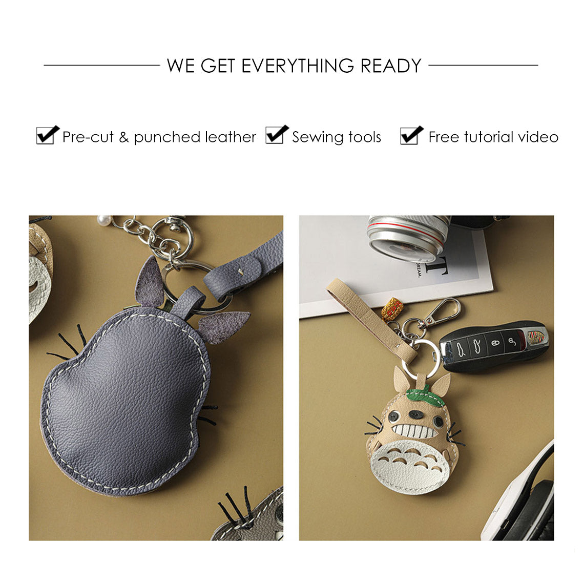 CUCUBIRD POPSEWING® Sheep Leather Totoro Cat Keychain DIY Kit  