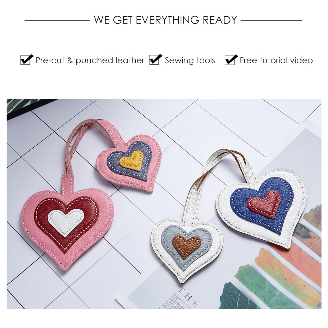CUCUBIRD POPSEWING® Sheep Leather Double Heart Bag Charm DIY Kit  