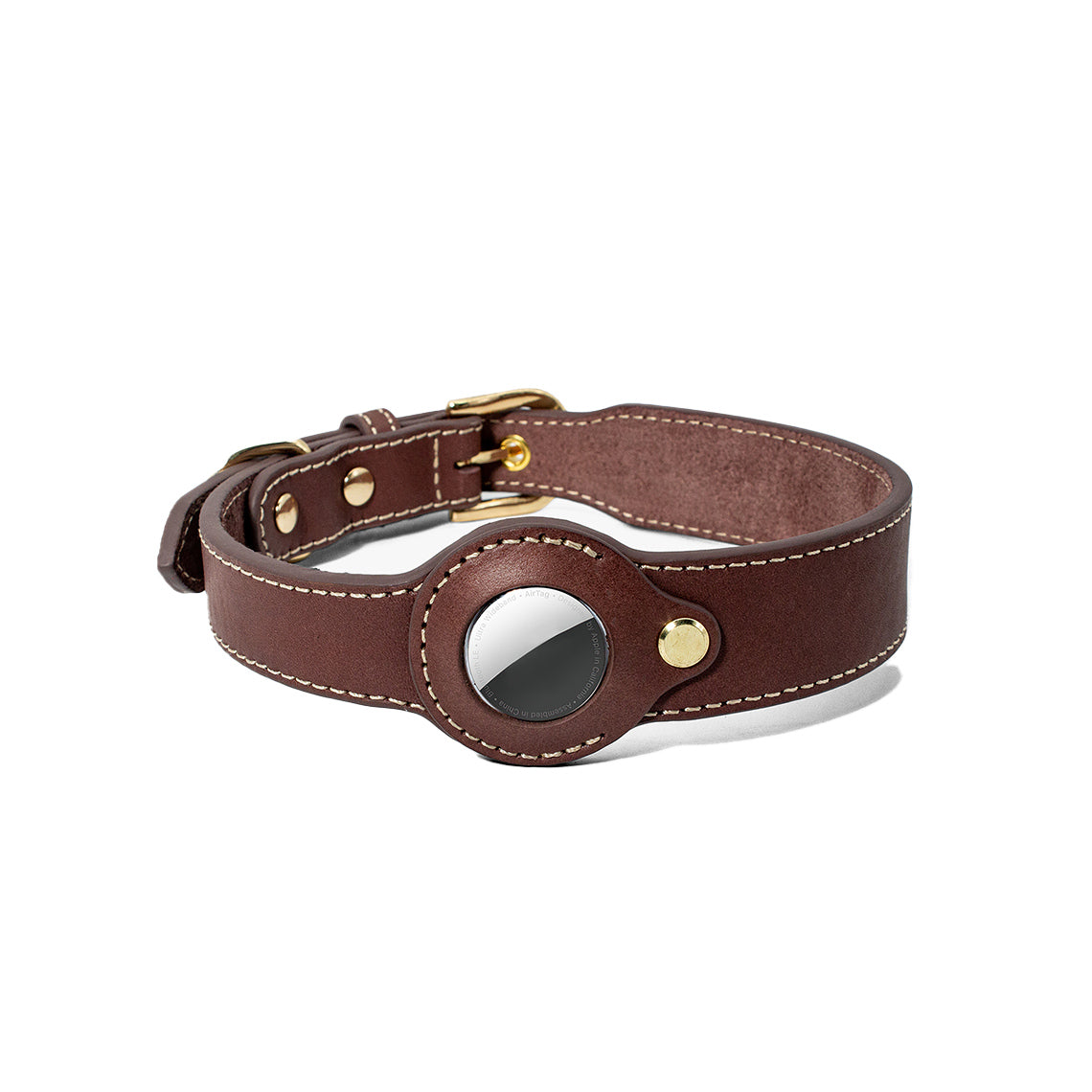 CUCUBIRD Genuine Leather Dog Collar with Airtag Case - Brown  