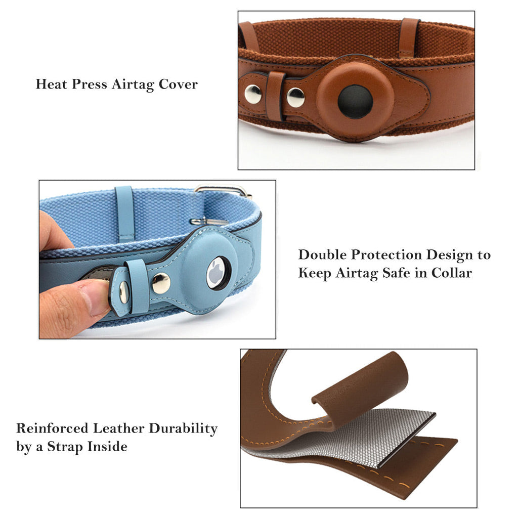 CUCUBIRD Vegan Leather Dog Collar with Airtag Case - Black & Blue  
