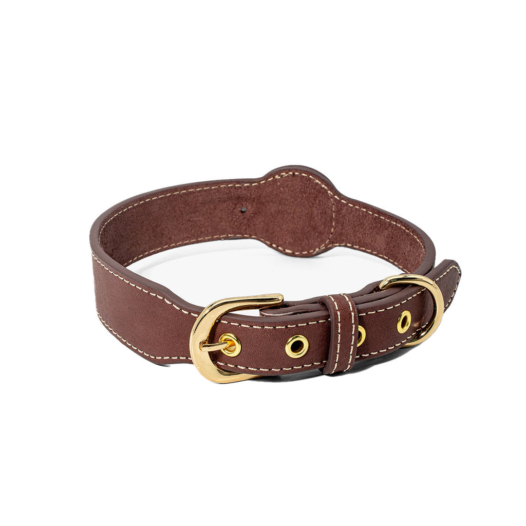 CUCUBIRD Genuine Leather Dog Collar with Airtag Case - Brown  
