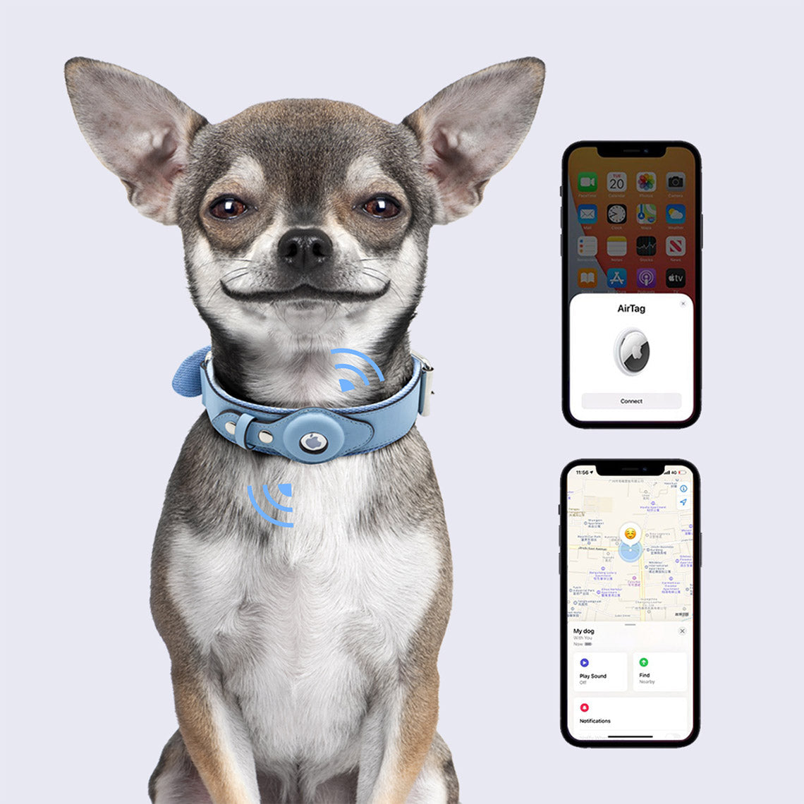 CUCUBIRD Vegan Leather Dog Collar with Airtag Case - Black & Blue  