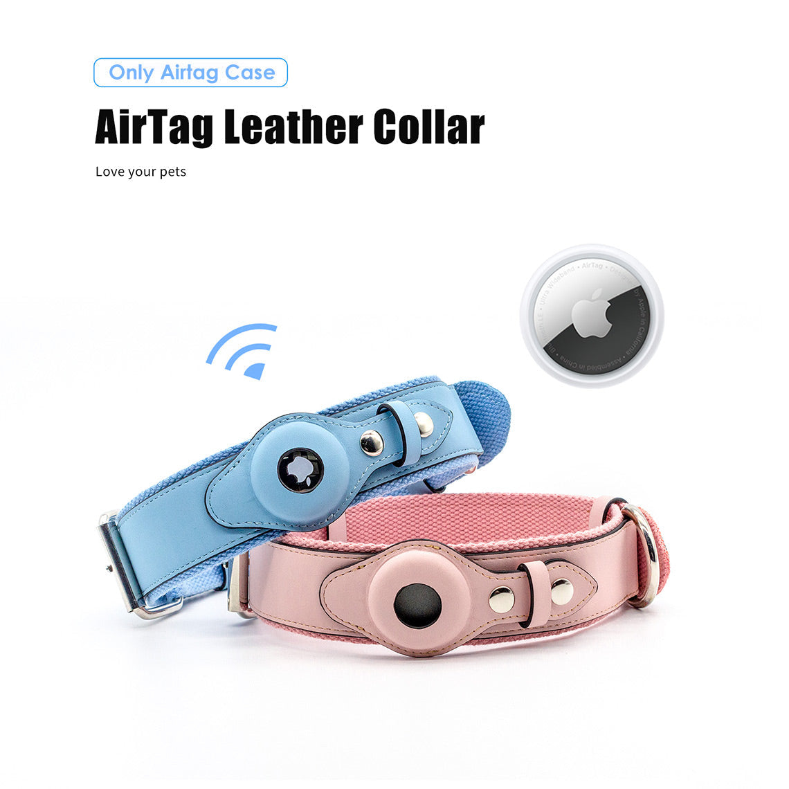 CUCUBIRD Vegan Leather Dog Collar with Airtag Case - Black & Blue  
