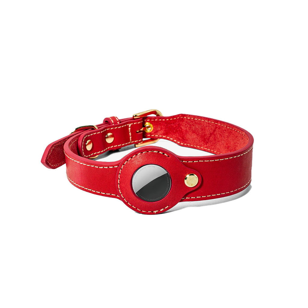 CUCUBIRD Genuine Leather Dog Collar with Airtag Case - Red  