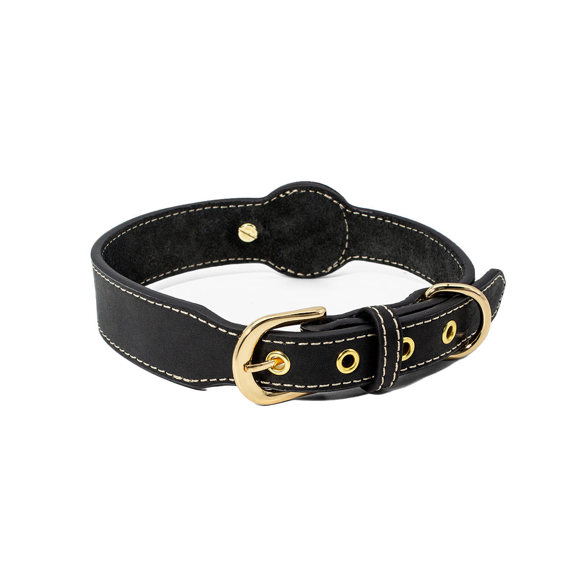CUCUBIRD Genuine Leather Dog Collar with Airtag Case - Black  