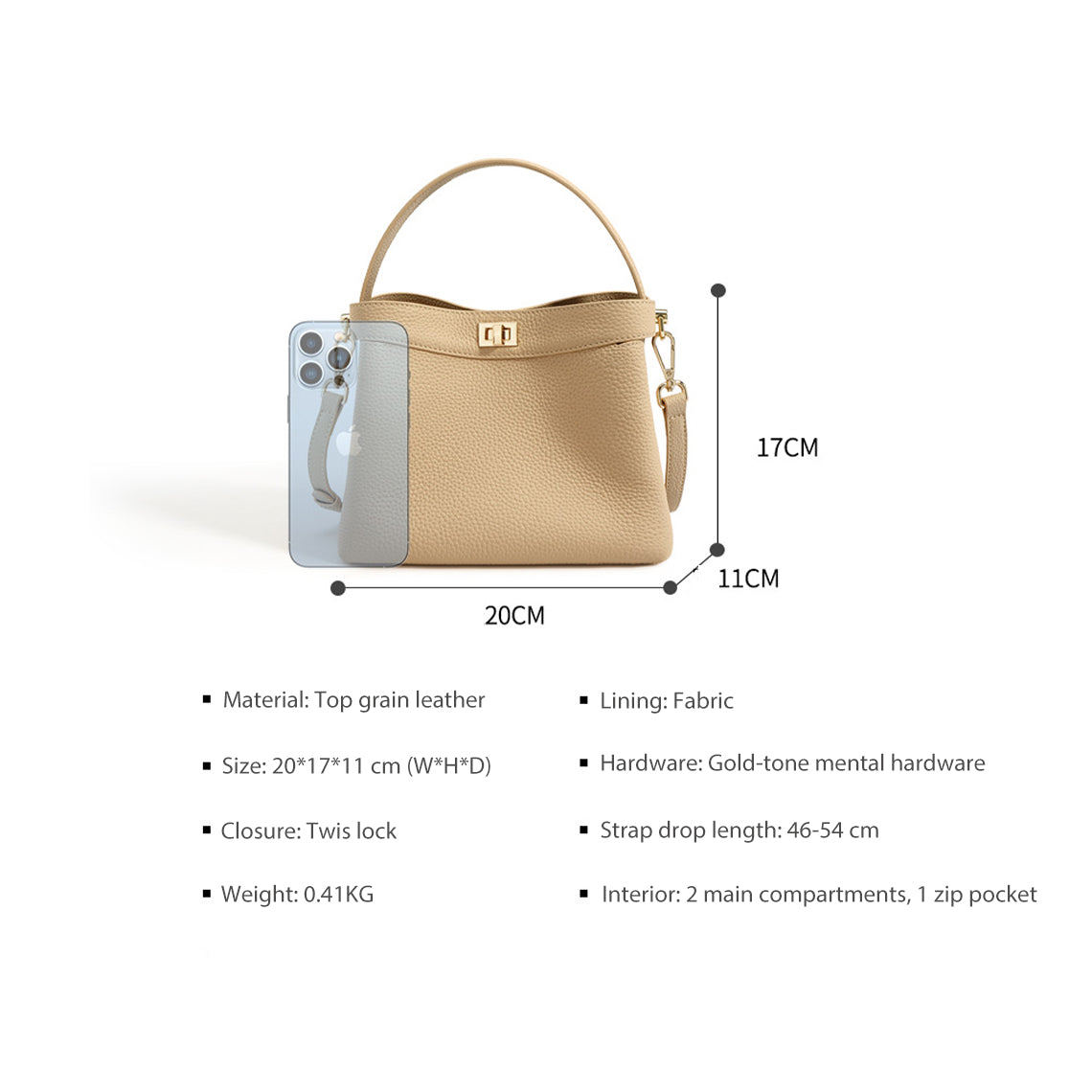 CUCUBIRD Top Grain Leather Top Handle Small Bucket Bag  