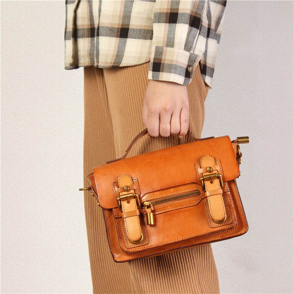 CUCUBIRD Vegetable Tanned Leather Vintage Women Satchel Bag  