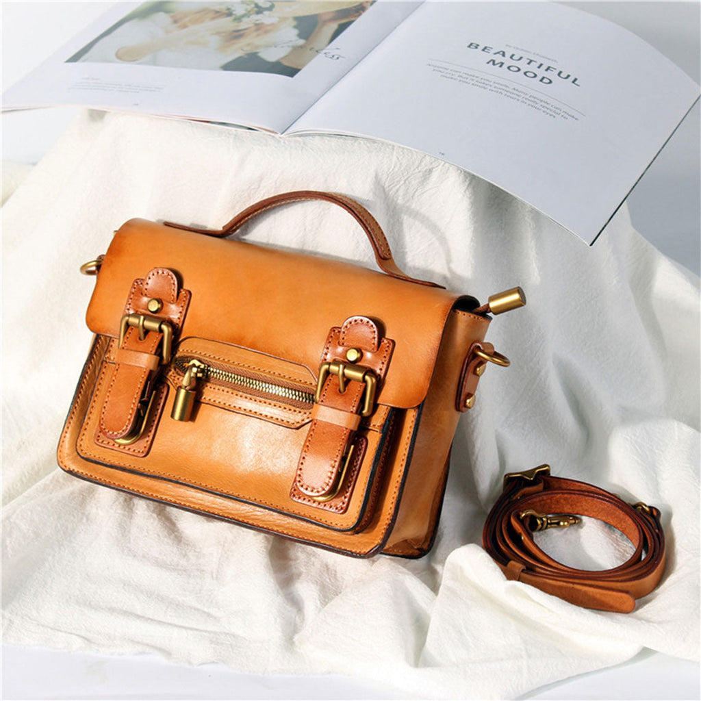 CUCUBIRD Vegetable Tanned Leather Vintage Women Satchel Bag  