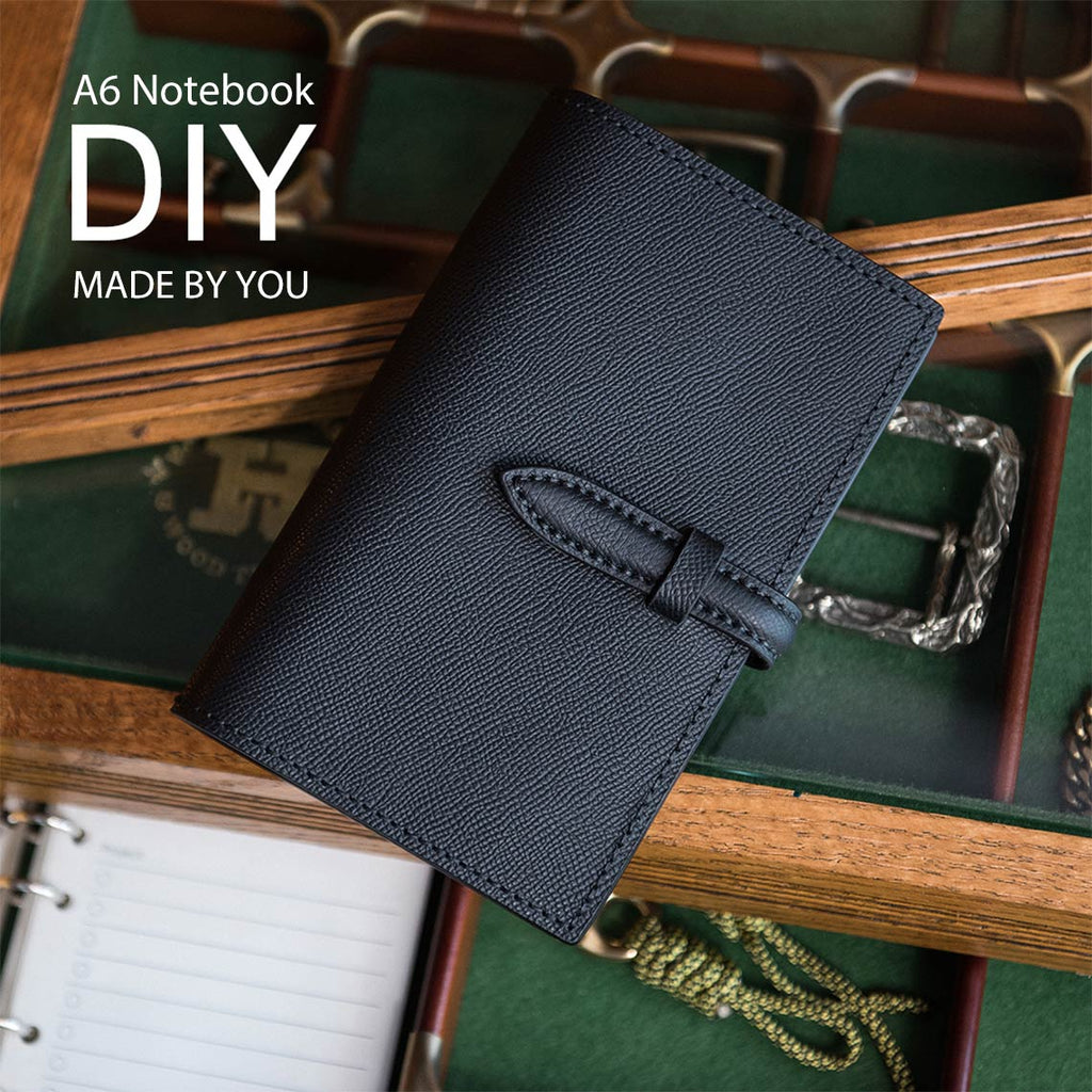 CUCUBIRD Full Grain Leather Strap A6 Notebook Cover DIY Kit Black/Peacock blue 