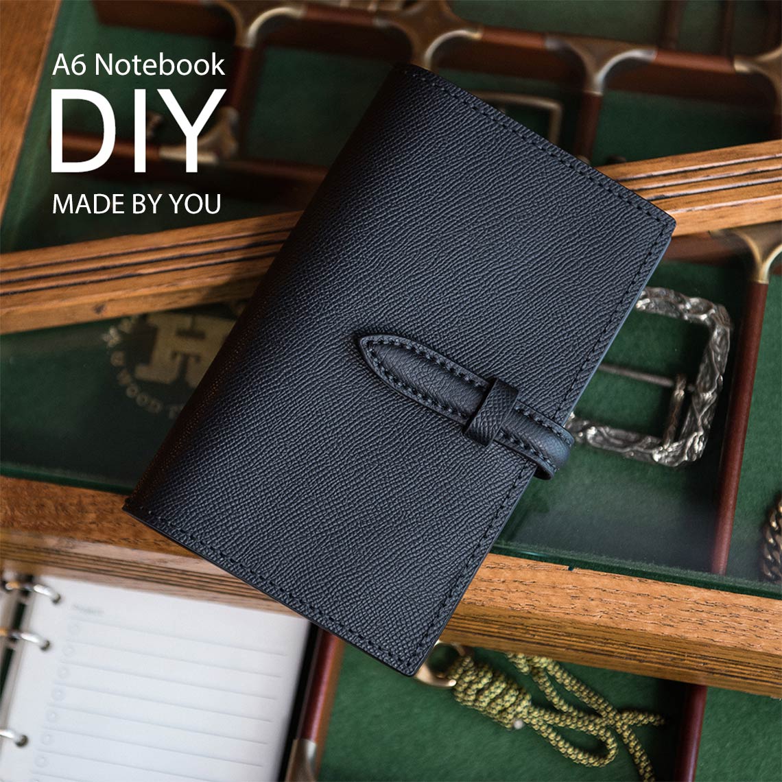 CUCUBIRD Full Grain Leather Strap A6 Notebook Cover DIY Kit Black/Peacock blue 