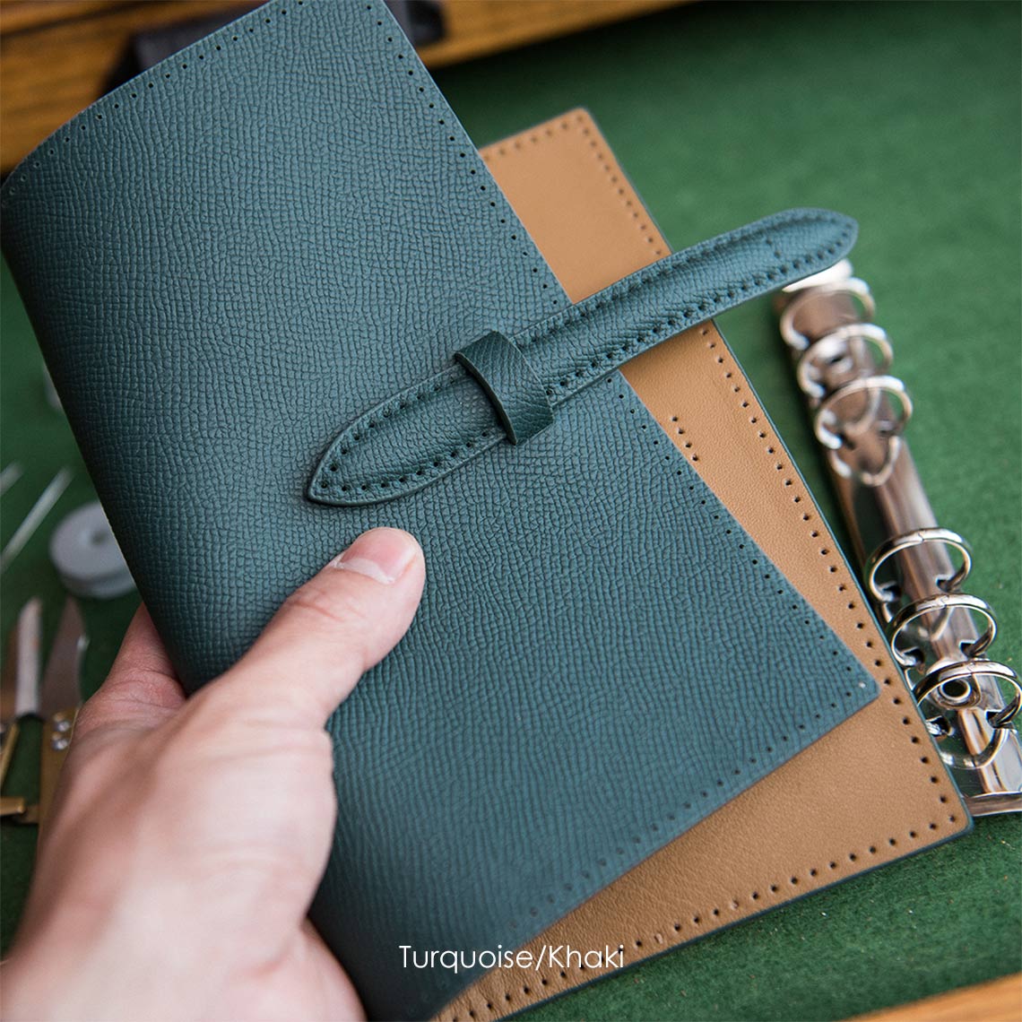 CUCUBIRD Full Grain Leather Strap A6 Notebook Cover DIY Kit Turquoise/Khaki 