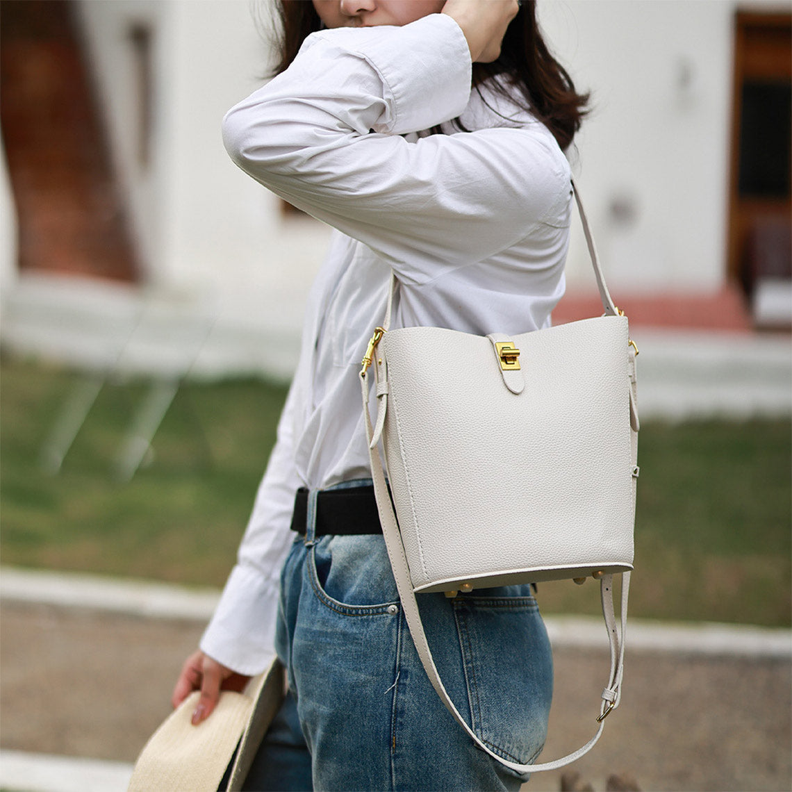 CUCUBIRD Leather Simple Bucket Crossbody Bag DIY Kit White 