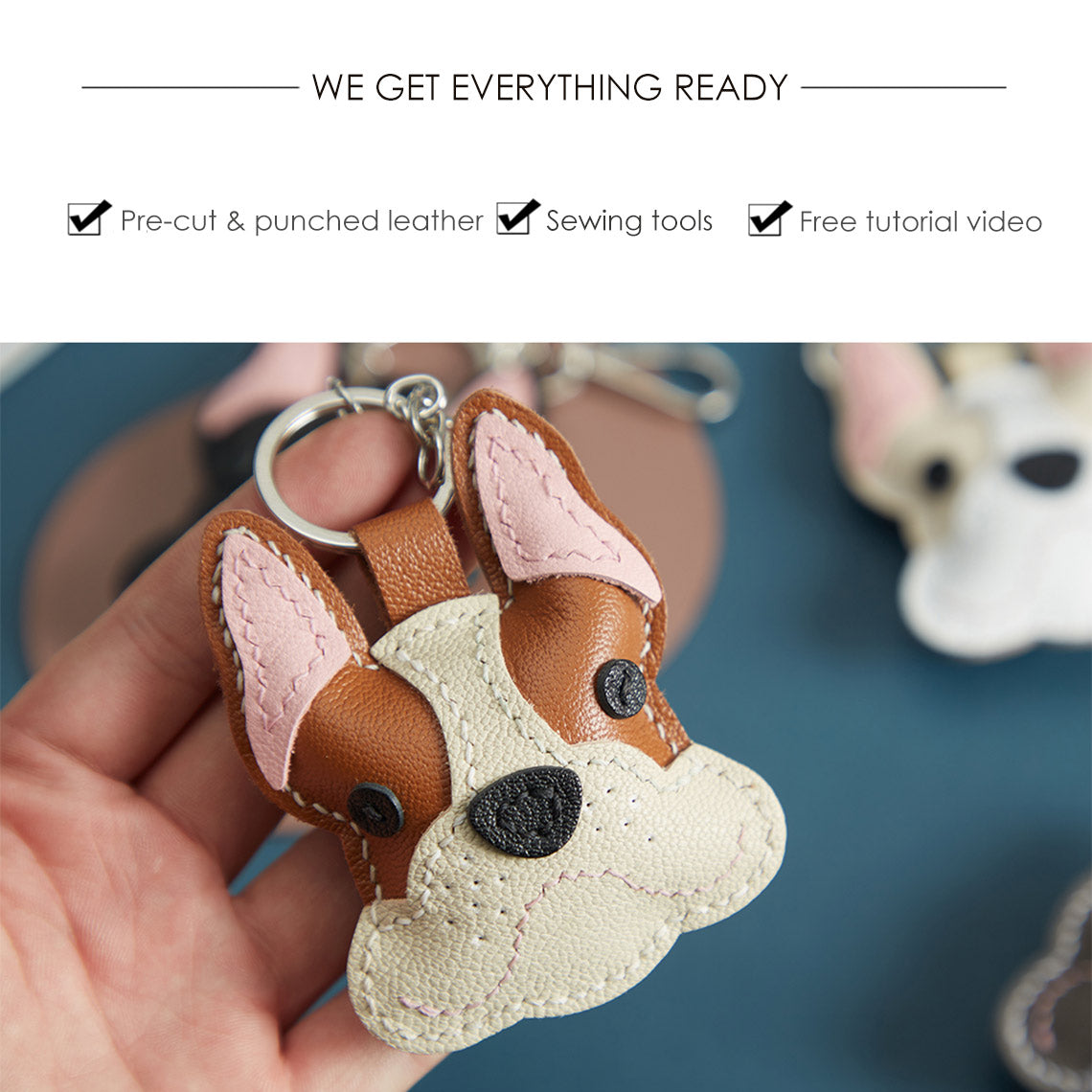 CUCUBIRD Sheep Leather French Bulldog Keychain DIY Kit  