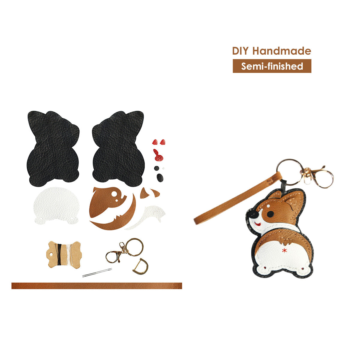 CUCUBIRD Sheep Leather Corgi Dog Keychain DIY Kit  