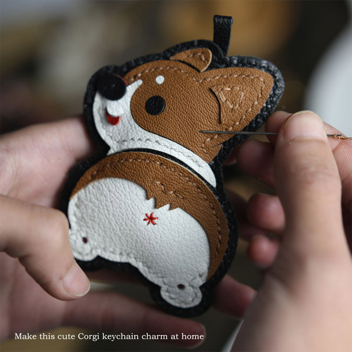 CUCUBIRD Sheep Leather Corgi Dog Keychain DIY Kit  