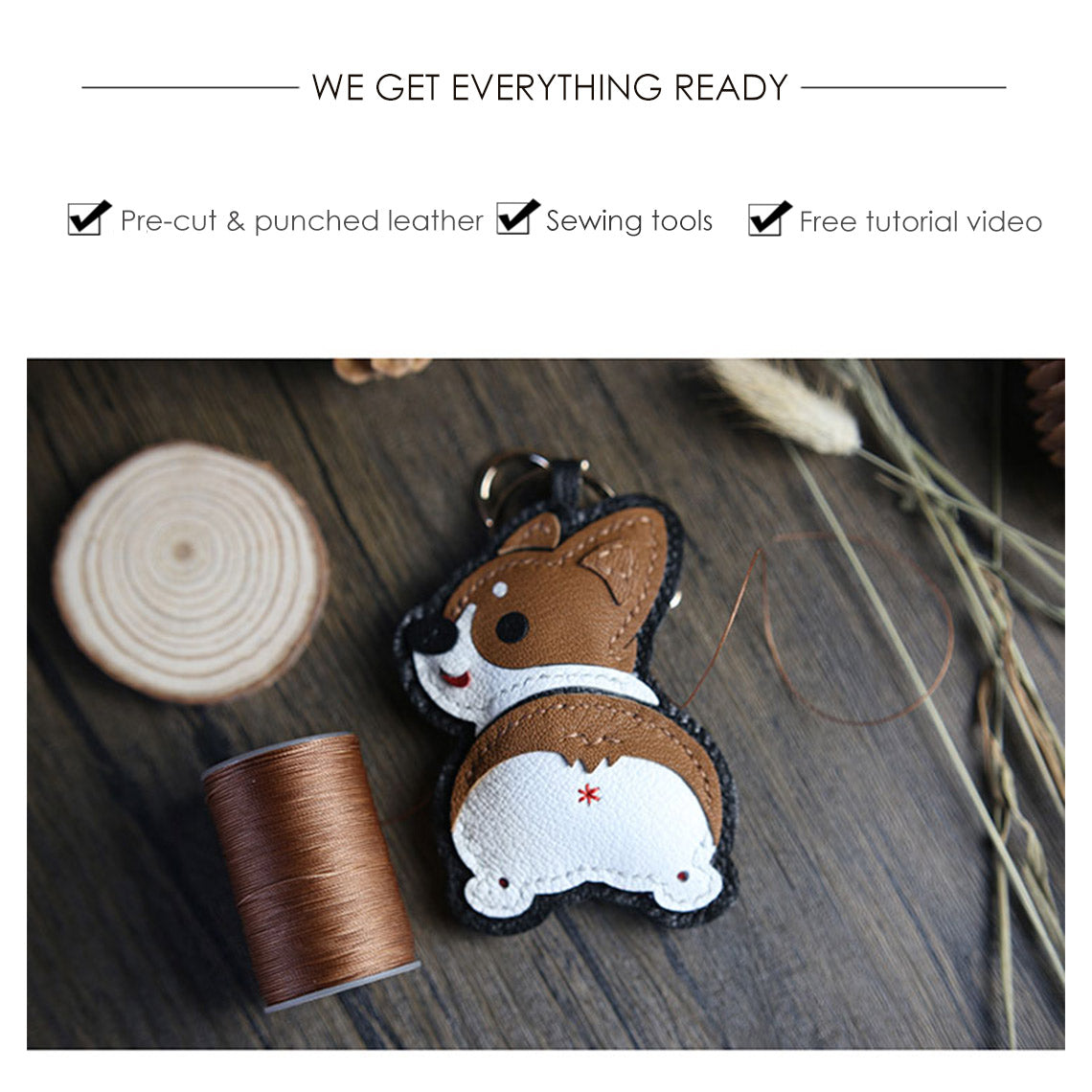 CUCUBIRD Sheep Leather Corgi Dog Keychain DIY Kit  