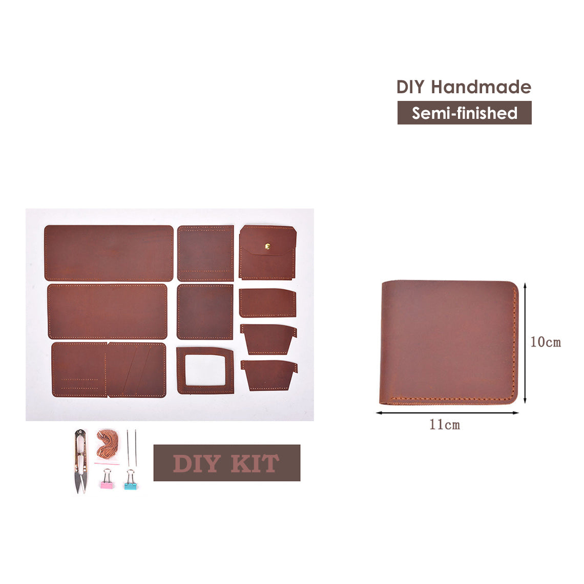 CUCUBIRD Crazy Horse Leather Trifold Wallet DIY Kit Brown 